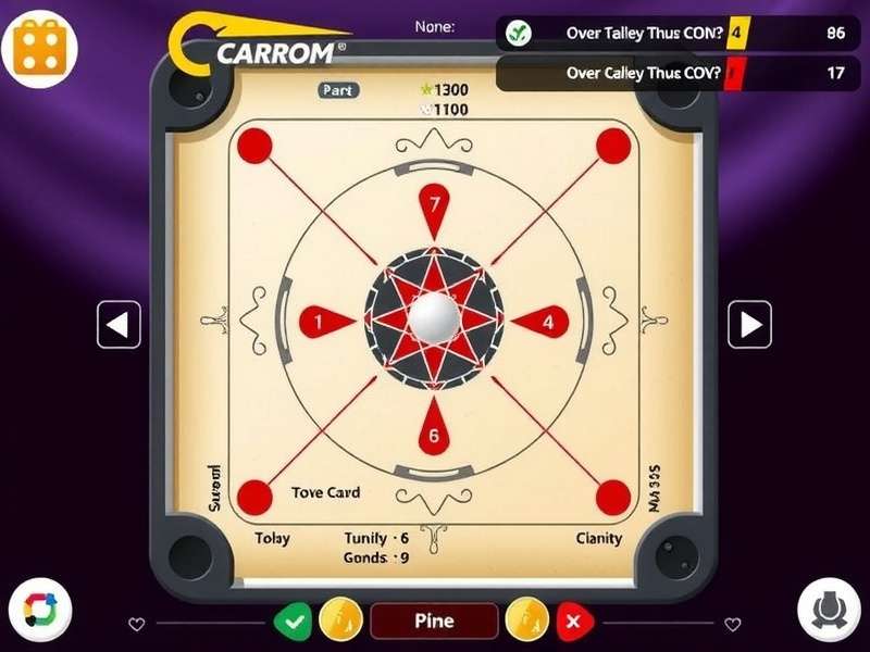 Carrom Extreme game interface with vibrant digital carrom board, striker, coins, and user controls