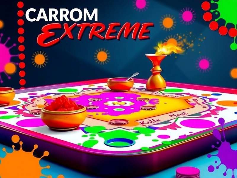 Carrom Extreme Holi theme with colorful board, splatter effects, and festive decorations